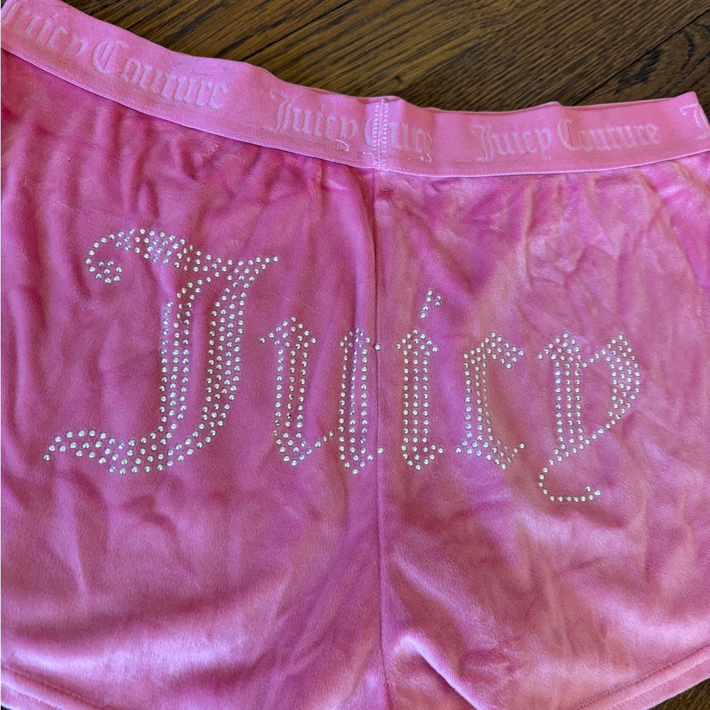 Juicy Couture Pink Rhinestone Logo Velour Shorts